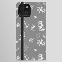 Grey And White Silhouettes Of Vintage Nautical Pattern iPhone Wallet Case