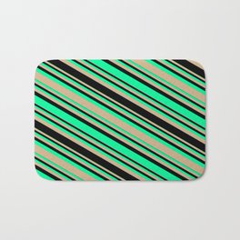 [ Thumbnail: Green, Tan, and Black Colored Striped/Lined Pattern Bath Mat ]