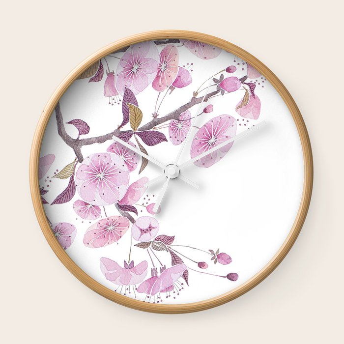 Cherry Blossoms Sakura Flower Decor Watercolor Painting Pink Wall Clock By Vapinx Society6