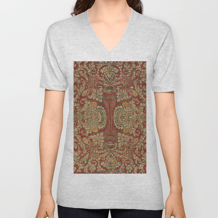 Antique Red Chintz Floral and Fruits V Neck T Shirt