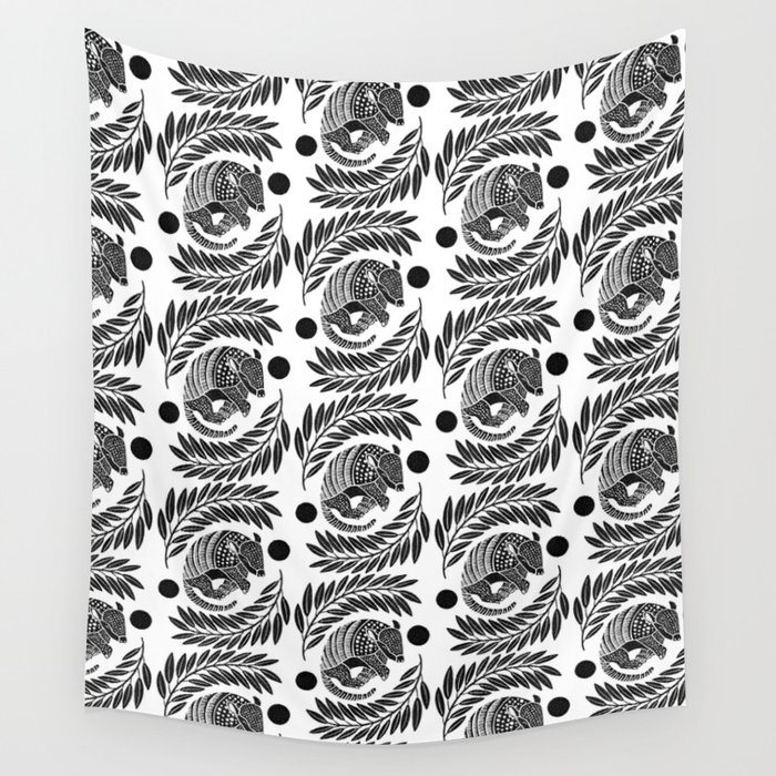 Sleepy Armadillo – Black and White Silhouette Pattern Wall Tapestry