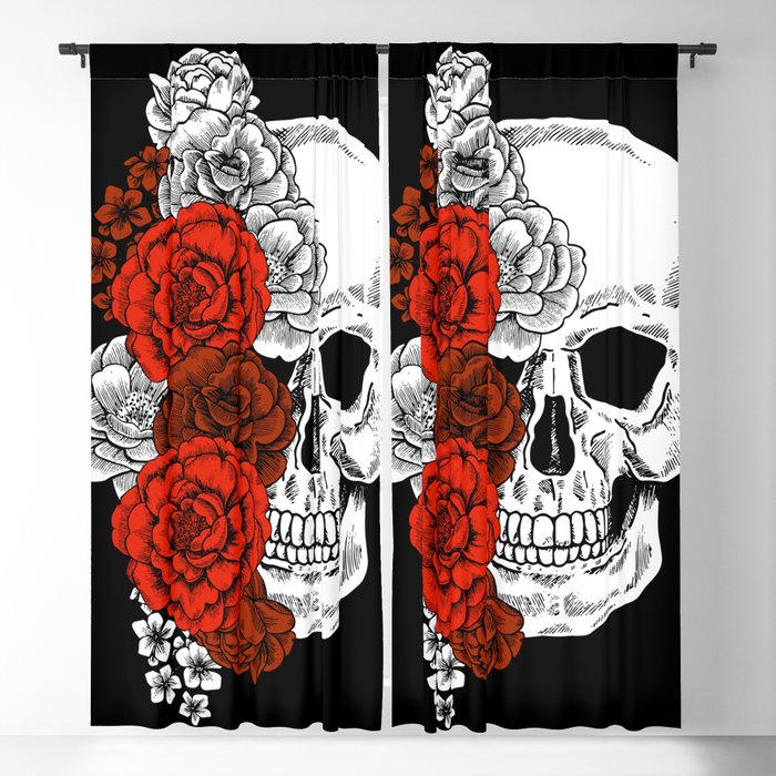 Skulls + Flowers Horror Gothic Red White Black Blackout Curtain