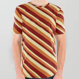 [ Thumbnail: Pale Goldenrod, Chocolate & Maroon Colored Lined/Striped Pattern All Over Graphic Tee ]
