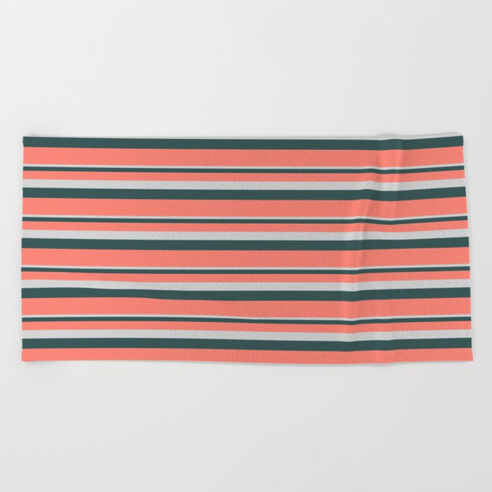 Light Grey, Dark Slate Gray & Salmon Colored Stripes/Lines Pattern Beach Towel