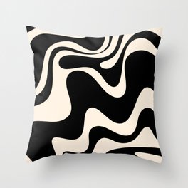 Retro Liquid Swirl Abstract in Black and Almond Cream 2 Throw Pillow | Trendy, Psychedelic, Black, Maximalist, Modern, Trippy, Painting, Cool, Curated, Retro 
