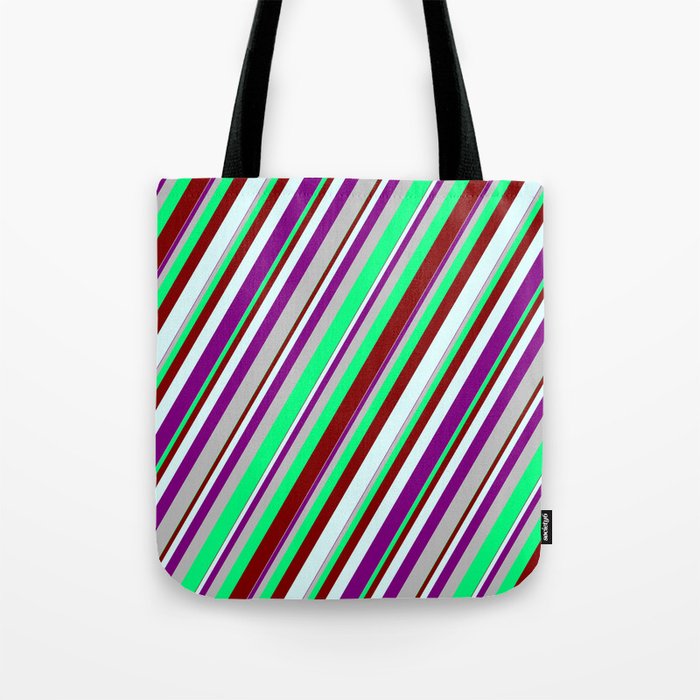 Vibrant Green, Maroon, Light Cyan, Purple, and Grey Colored Lines Pattern Tote Bag