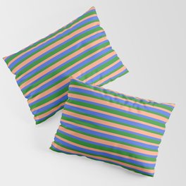 [ Thumbnail: Royal Blue, Forest Green, and Light Salmon Colored Lined/Striped Pattern Pillow Sham ]