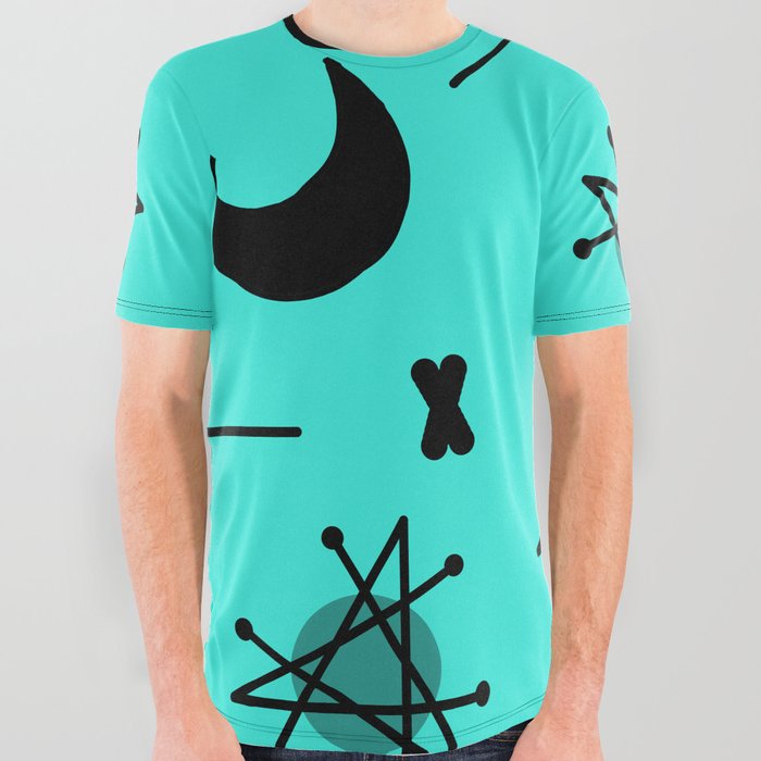 Moons & Stars Atomic Era Abstract Turquoise All Over Graphic Tee