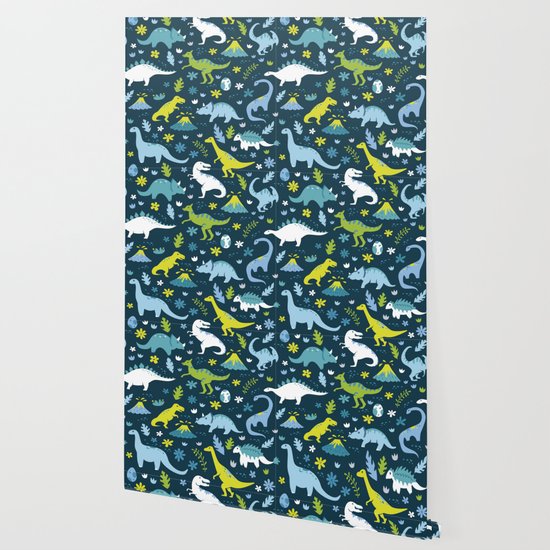 Kawaii Dinosaurs In Blue Green Wallpaper By Latheandquill Society6