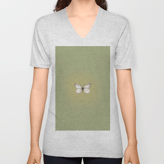 Hand-Drawn Butterfly and Golden Fairy Dust on Sage Green V Neck T Shirt