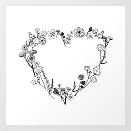 Illustration of a heart in the shape of leaves and flowers Art Print