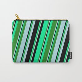 [ Thumbnail: Green, Forest Green, Powder Blue, and Black Colored Striped/Lined Pattern Carry-All Pouch ]