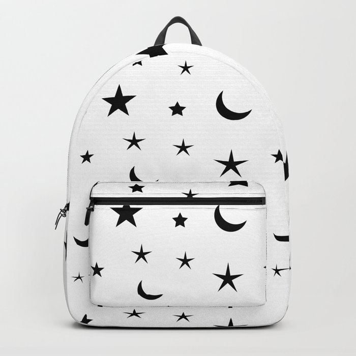 Black moon and star pattern on white background Backpack by