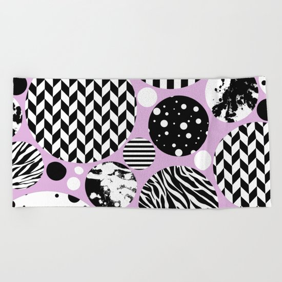 Eclectic Black And White Circles On Pastel Pink Beach Towel