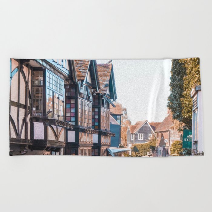 Great Britain Photography - River Going Between Medieval Buildings Beach Towel