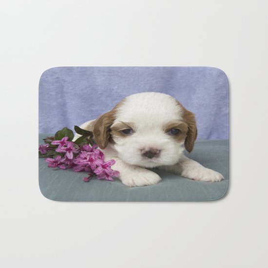 Puppy with flowers Bath Mat