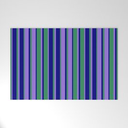 [ Thumbnail: Purple, Sea Green & Blue Colored Stripes/Lines Pattern Welcome Mat ]