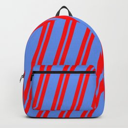[ Thumbnail: Red and Cornflower Blue Colored Lines Pattern Backpack ]