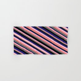 [ Thumbnail: Eye-catching Pink, Light Coral, Dim Grey, Black, and Midnight Blue Colored Stripes Pattern Hand & Bath Towel ]