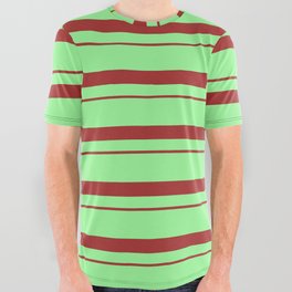 [ Thumbnail: Green & Brown Colored Striped Pattern All Over Graphic Tee ]