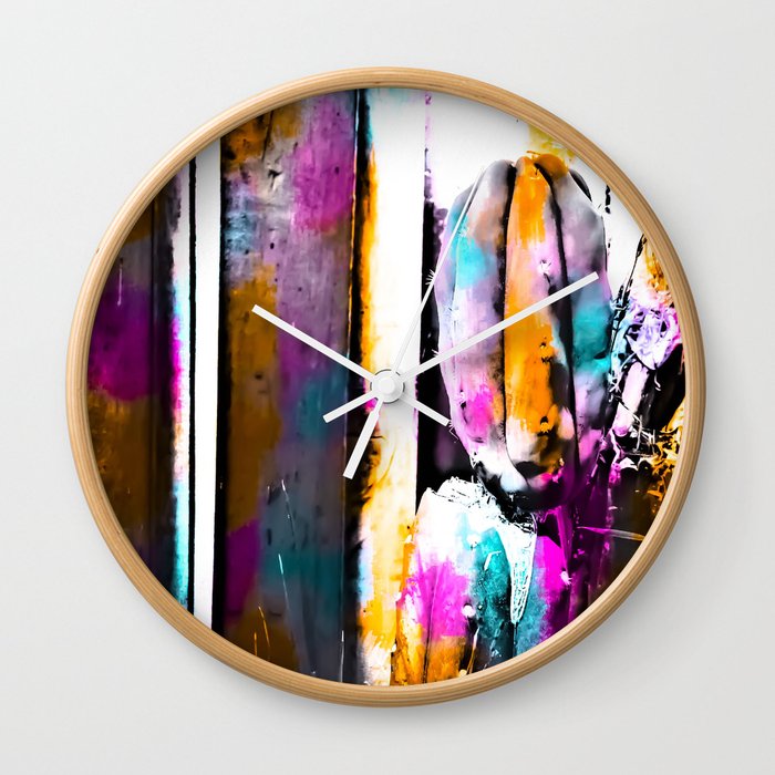 cactus with wooden background and colorful painting abstract in orange blue pink Wall Clock