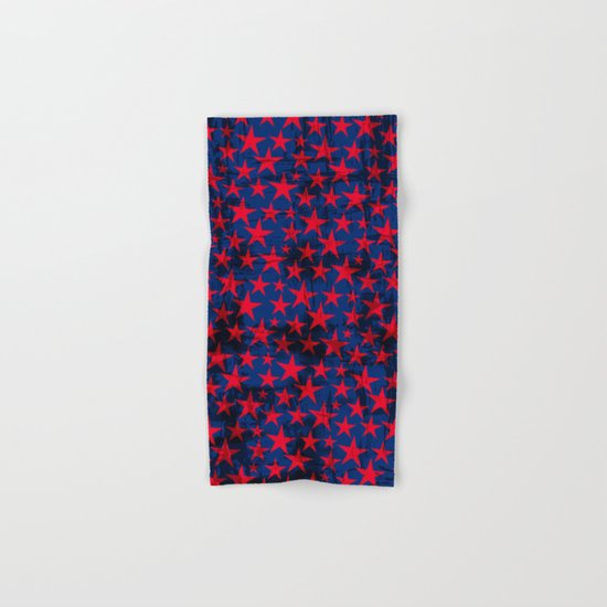 Red stars on grunge textured blue background Hand & Bath Towel