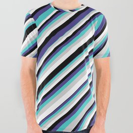 [ Thumbnail: Eyecatching Turquoise, Light Grey, White, Black & Dark Slate Blue Colored Stripes Pattern All Over Graphic Tee ]