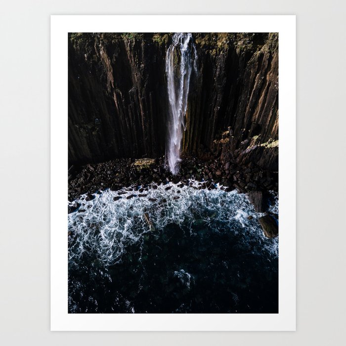 Aerial of Basalt waterfall flowing into the Atlantic ocean on the Isle of Skye - Landscape Photo Art Print