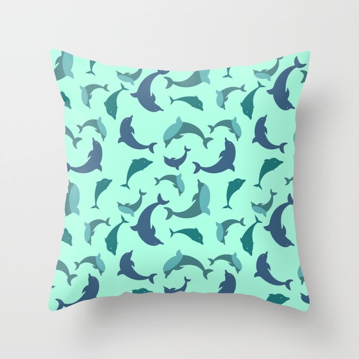 Playful Dolphins on Aquamarine Background Throw Pillow