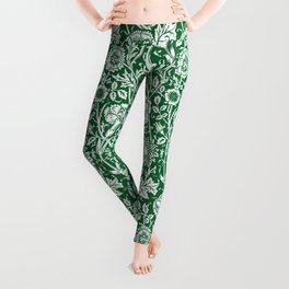 William Morris Floral Pattern | “Pink and Rose” in Green and White | Vintage Flower Patterns | Leggings