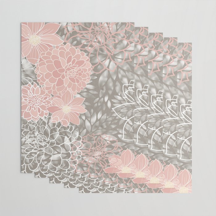 Floral Dahlias, Blush Pink, Gray, White Wrapping Paper by Megan