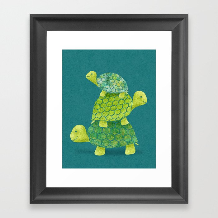 Turtle Stack Family in Teal and Lime Green Framed Art Print