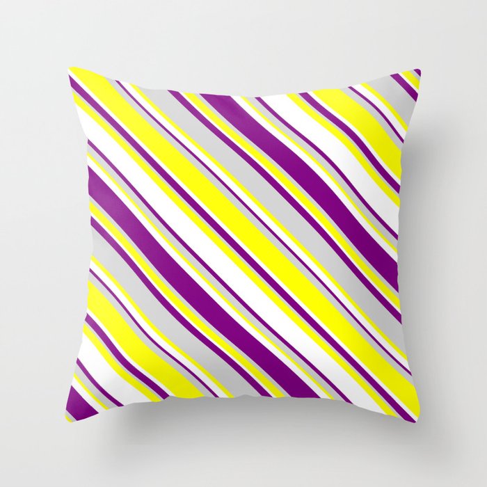 White, Purple, Light Gray & Yellow Colored Lines Pattern Throw Pillow