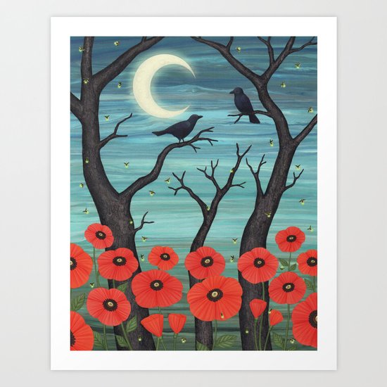 crows, fireflies, and poppies in the moonlight Art Print