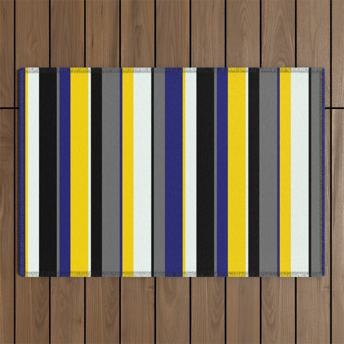 Eyecatching Mint Cream, Yellow, Midnight Blue, Dim Gray & Black Colored Pattern of Stripes Outdoor Rug