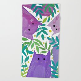 Cats and branches - purple and green Beach Towel