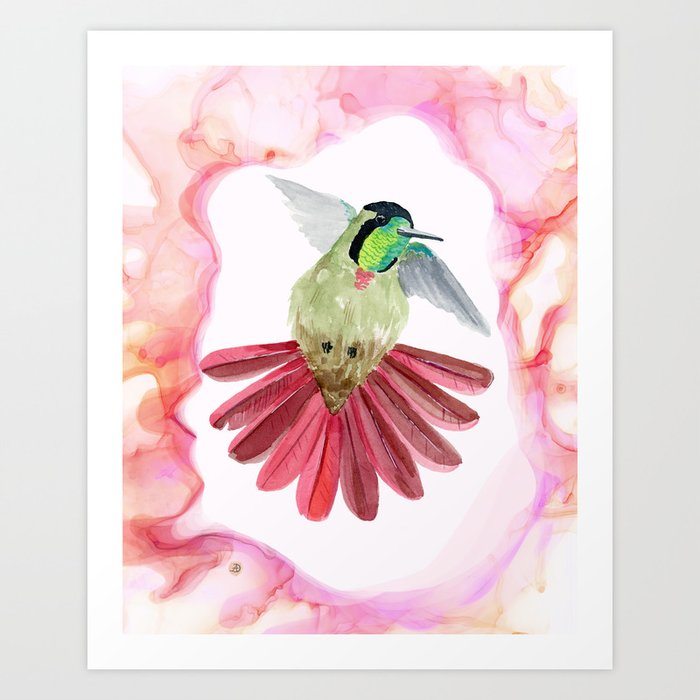 Flying Hummingbird - colorful bird in flight in pink palette Art Print