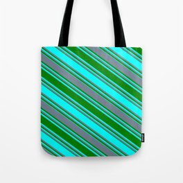 [ Thumbnail: Slate Gray, Green & Cyan Colored Stripes/Lines Pattern Tote Bag ]