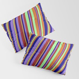 [ Thumbnail: Colorful Brown, Green, Chocolate, Blue, and Purple Colored Lined Pattern Pillow Sham ]