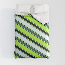[ Thumbnail: Light Green, Dark Slate Gray, Light Cyan, and Black Colored Striped Pattern Comforter ]