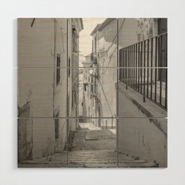 Black and white street alley in Alfama Lisbon Portugal - summer sunny travel photography Wood Wall Art