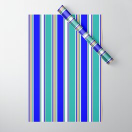 [ Thumbnail: Blue, Tan, Light Sea Green, and White Colored Striped Pattern Wrapping Paper ]