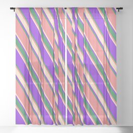 [ Thumbnail: Purple, Sea Green, Light Coral, and Bisque Colored Lined/Striped Pattern Sheer Curtain ]