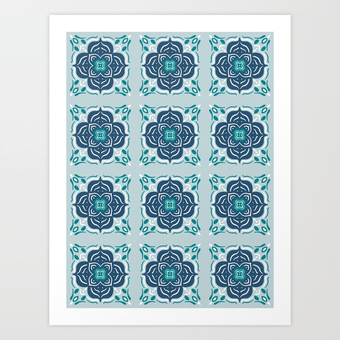 Mandala Tile Pattern - Blue and Mint Art Print