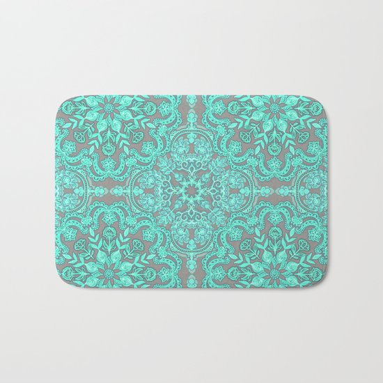 Mint Green & Grey Folk Art Pattern Bath Mat