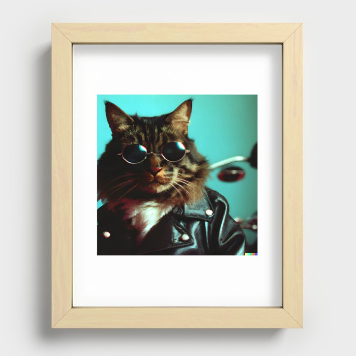 Badass cat wearing sunglasses and a leather jacket Recessed Framed Print
