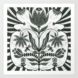 Flowers and Stripes - Black and White Art Print