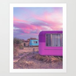 Vintage Camper Trailers and a Pastel Sunset in Marfa, Texas Art Print