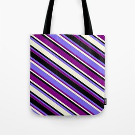 [ Thumbnail: Medium Slate Blue, Purple, Beige & Black Colored Lined Pattern Tote Bag ]