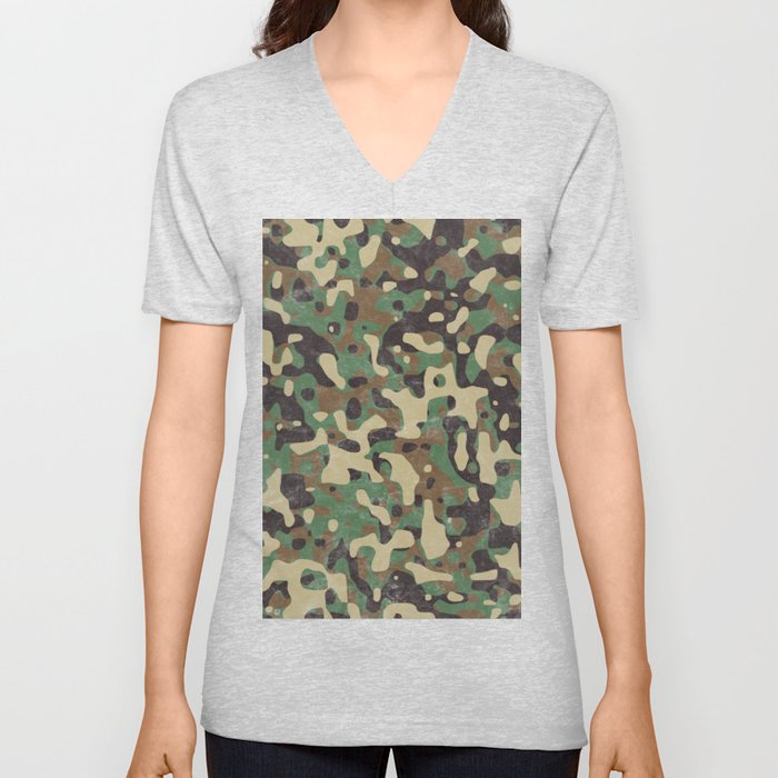 Distressed Army Camo V Neck T Shirt